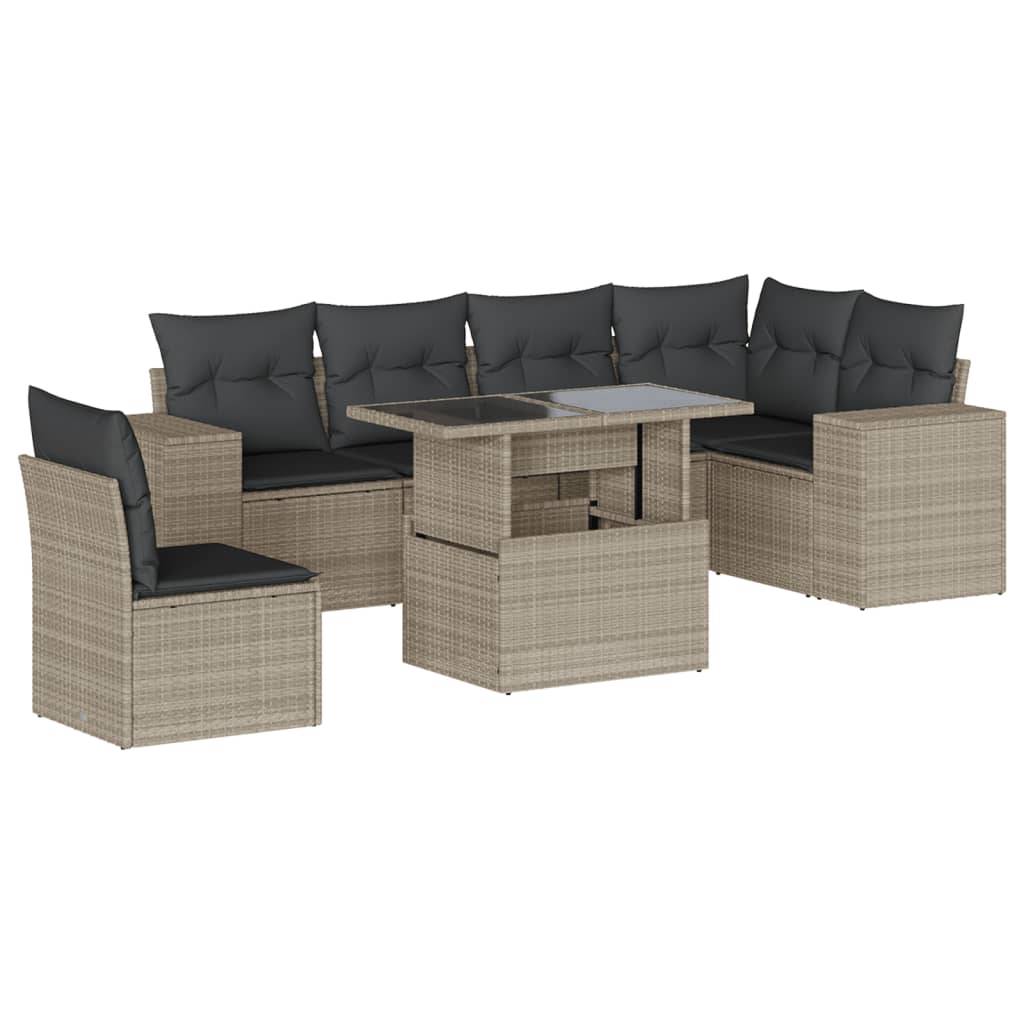 vidaXL 7-tlg. Garten-Sofagarnitur mit Kissen Hellgrau Poly Rattan