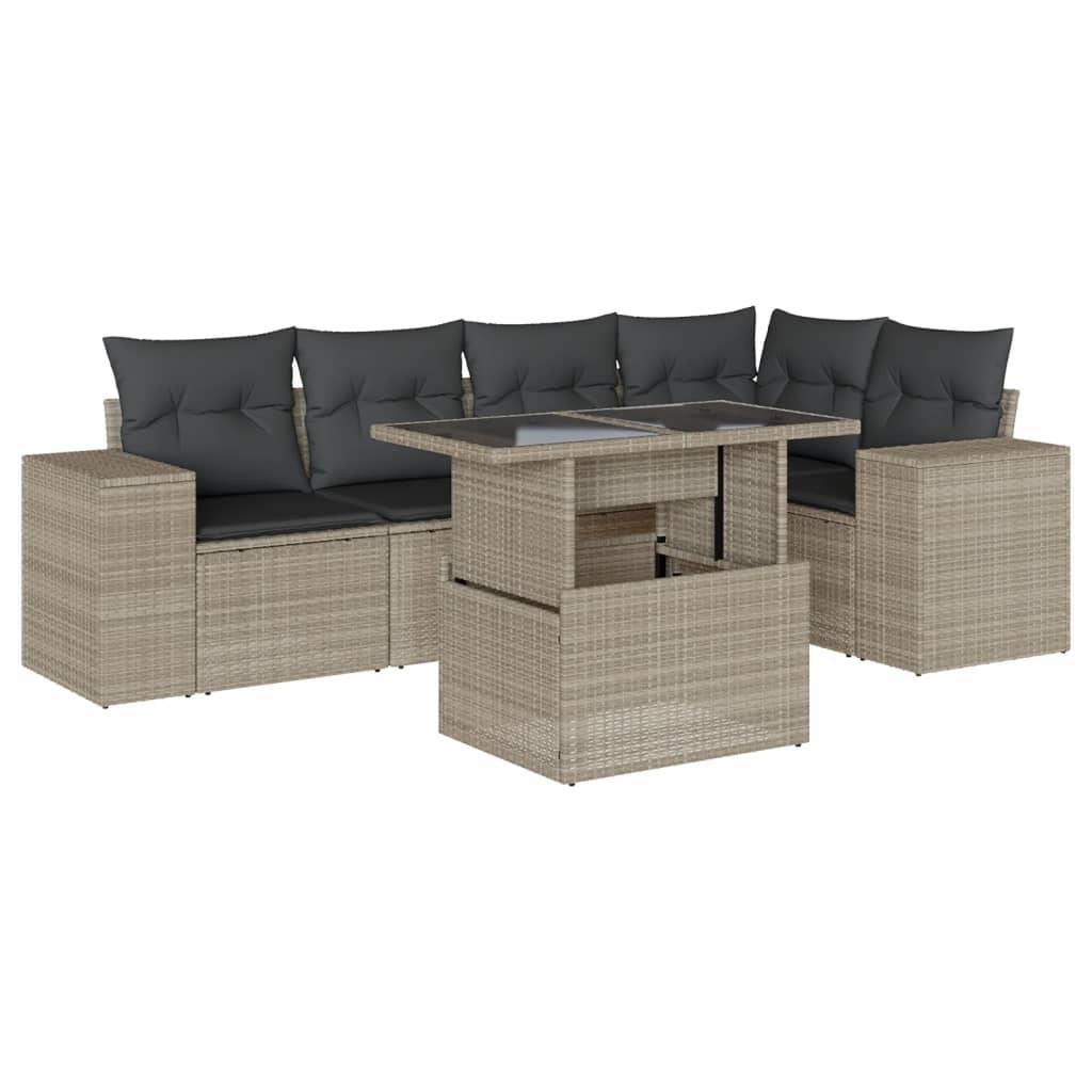 vidaXL 6-tlg. Garten-Sofagarnitur mit Kissen Hellgrau Poly Rattan
