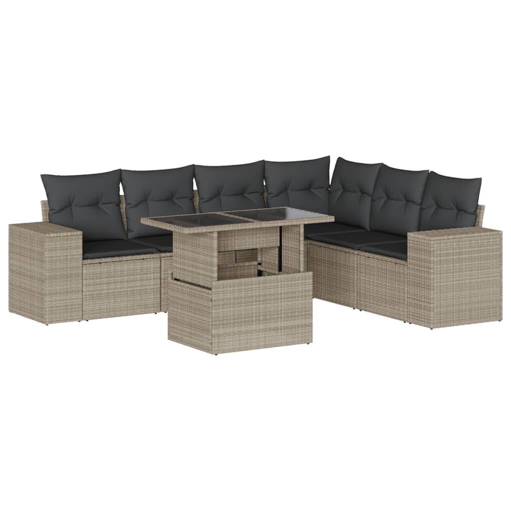 vidaXL 7-tlg. Garten-Sofagarnitur mit Kissen Hellgrau Poly Rattan