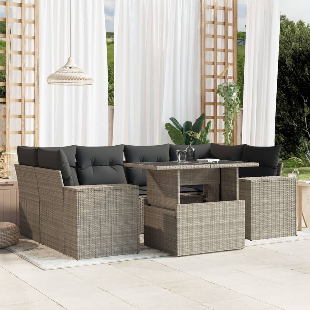 vidaXL 7-tlg. Garten-Sofagarnitur mit Kissen Hellgrau Poly Rattan