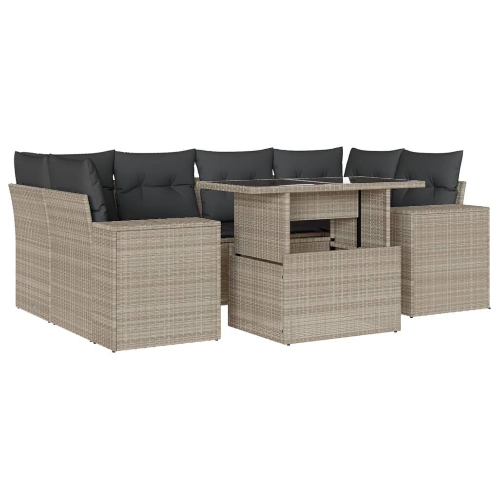 vidaXL 7-tlg. Garten-Sofagarnitur mit Kissen Hellgrau Poly Rattan