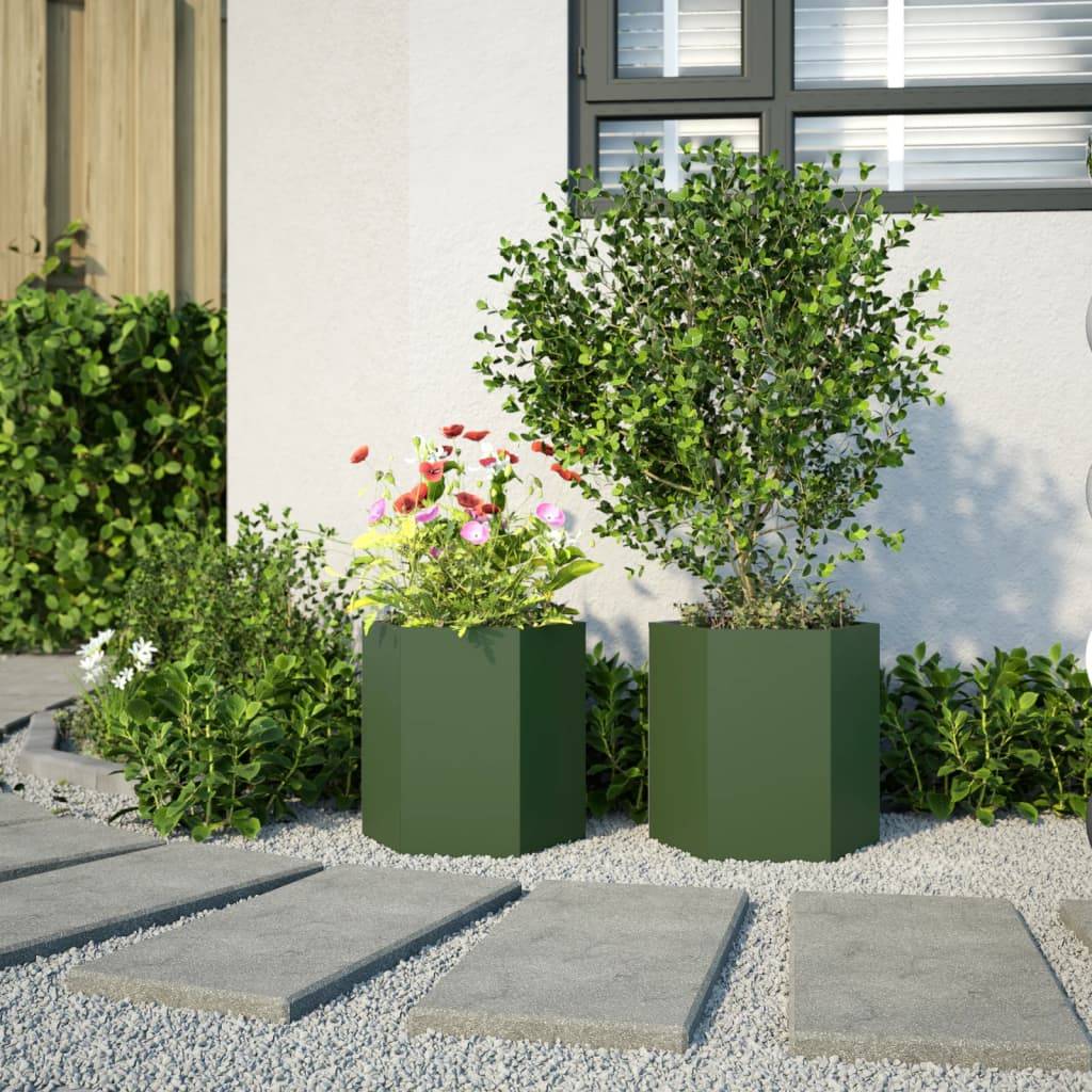 vidaXL Pflanzkübel 2 Stk. Olivgrün Sechseckig 46x40x45 Stahl