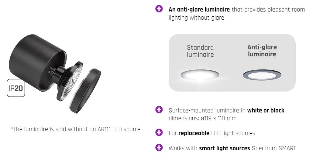 Spectrum LED Aufbauleuchte Chloe AR111 GU10 weiß blendfrei IP20 max.35W Deckenleuchte rund