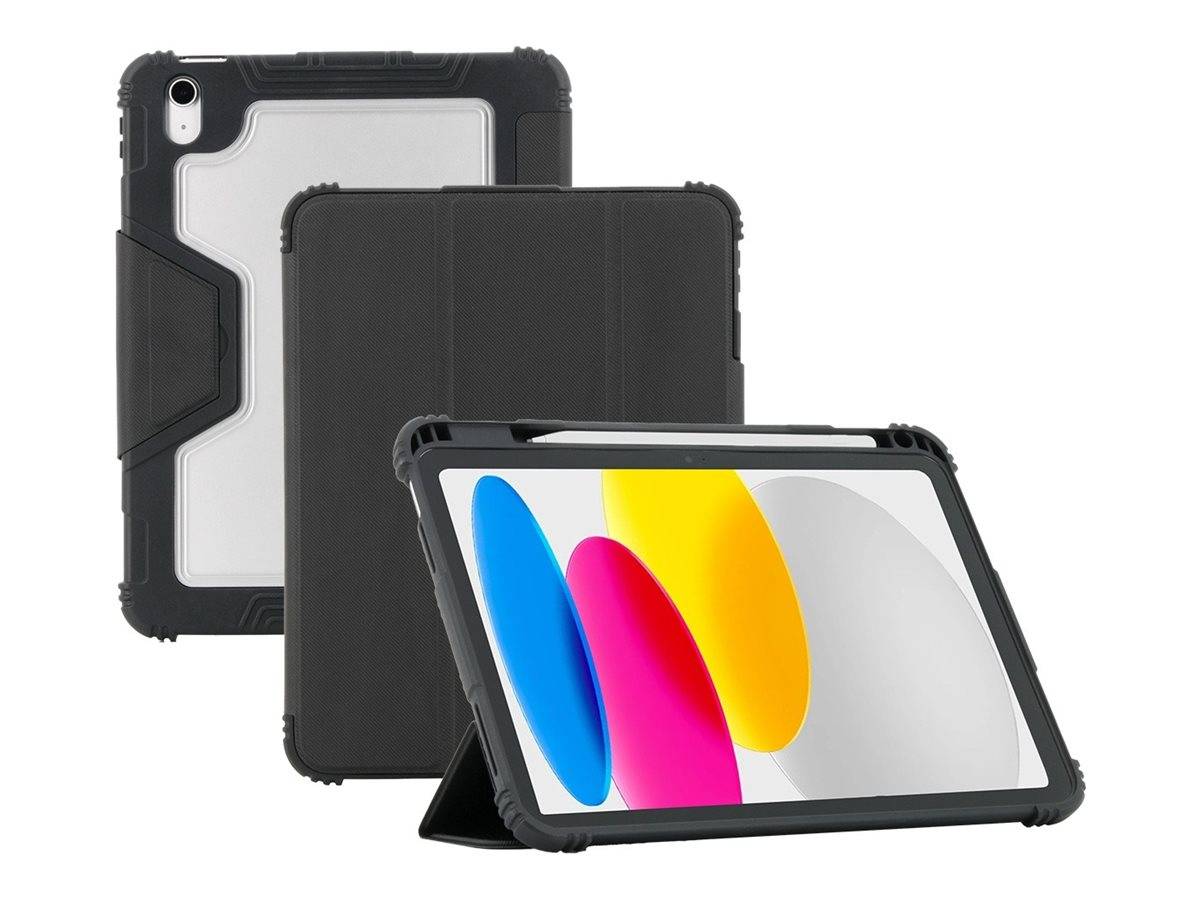 Drei Ansichten eines robusten Tablet-Schutzkoffers: Rückseite mit Aussparung, geschlossene Buchcover-Abdeckung und Vorderseite in Ständerposition auf einem Tablet.