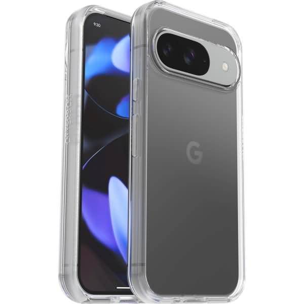 Zwei Google Pixel-Telefone in transparenten Schutzhüllen, die Vorder- und Rückansichten auf weißem Hintergrund zeigen.