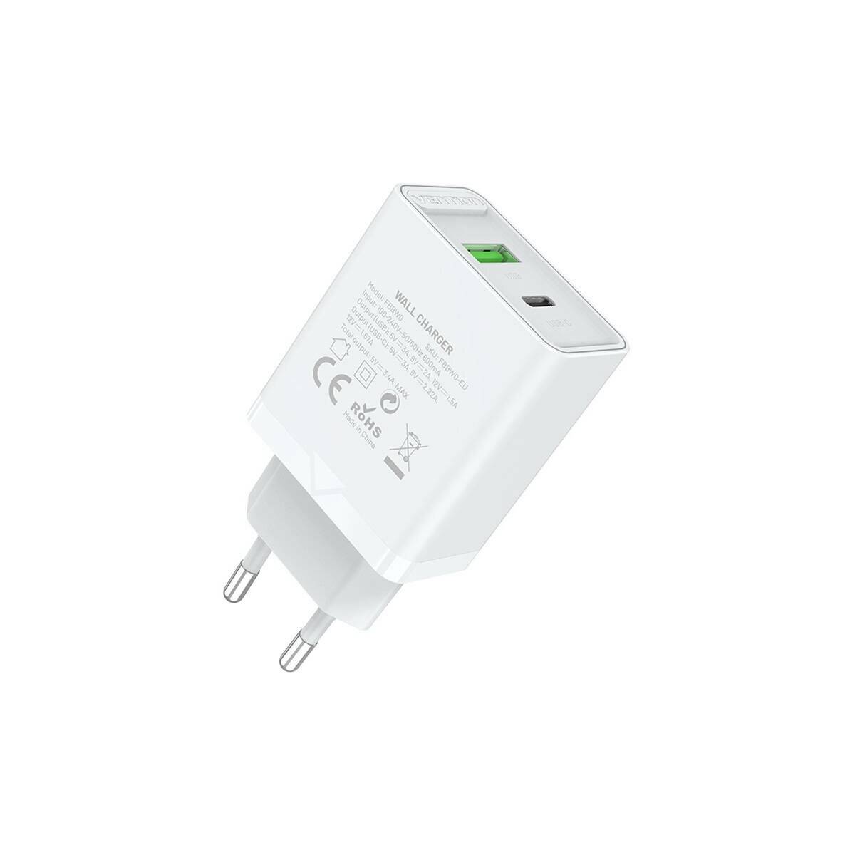 USB-A, USB-C PD3.0 Wandladegerät 18W / 20W Schnell-Ladegerät Weiß