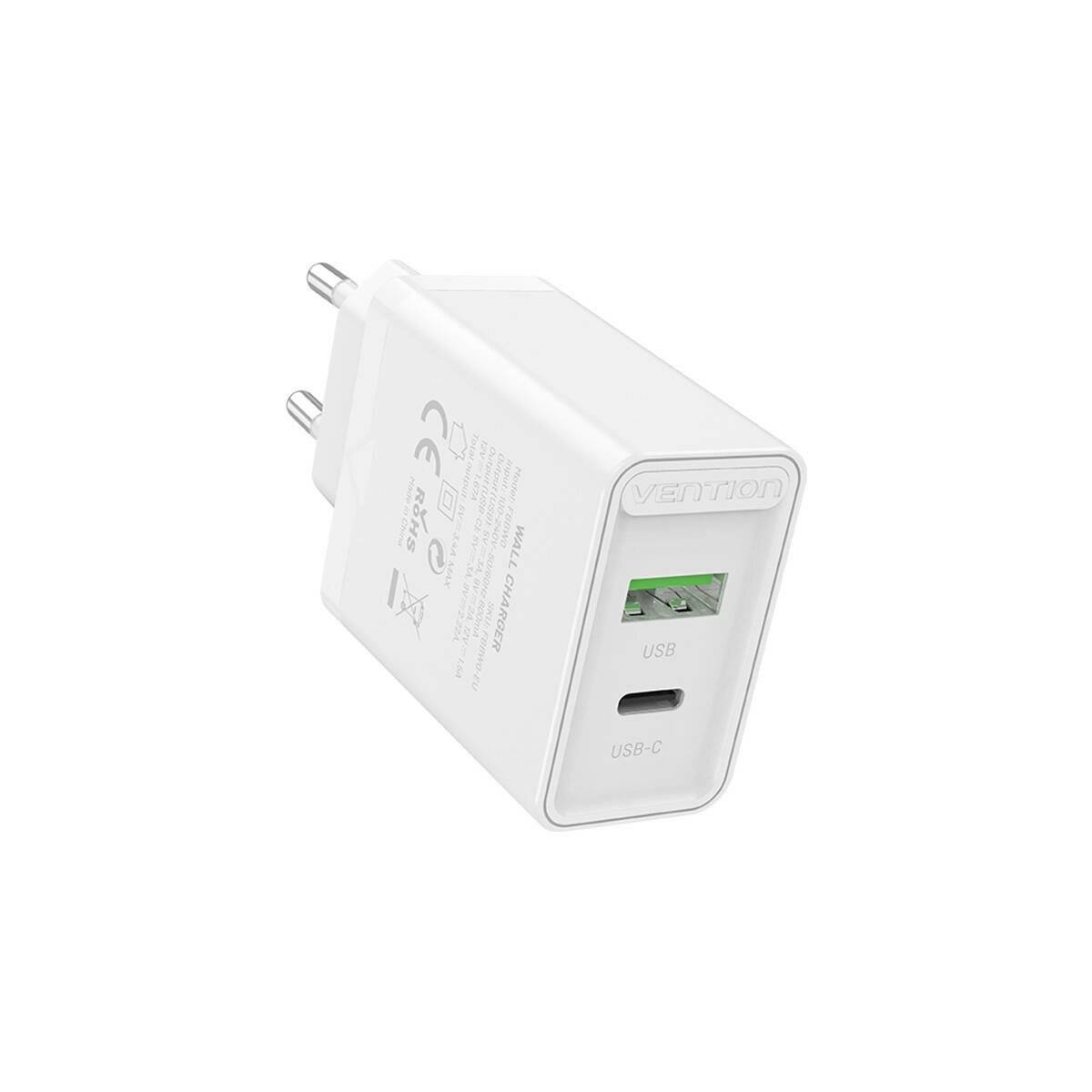 USB-A, USB-C PD3.0 Wandladegerät 18W / 20W Schnell-Ladegerät Weiß