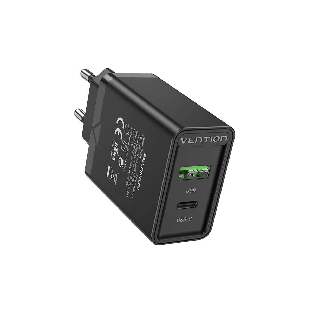 USB-A, USB-C PD3.0 Wandladegerät 18W / 20W Schnell-Ladegerät Schwarz