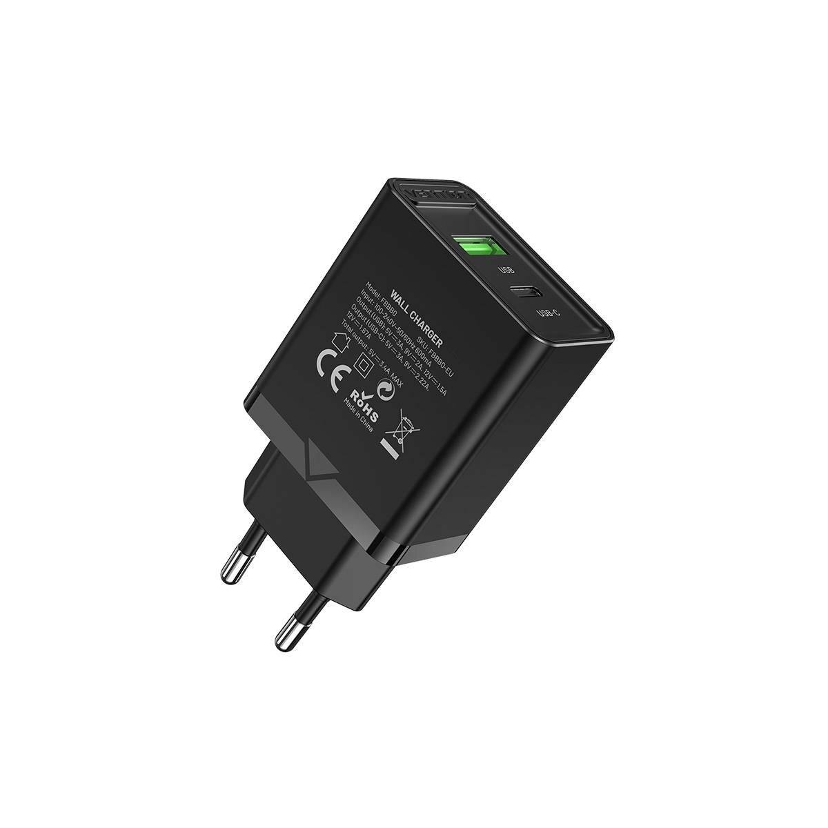 USB-A, USB-C PD3.0 Wandladegerät 18W / 20W Schnell-Ladegerät Schwarz