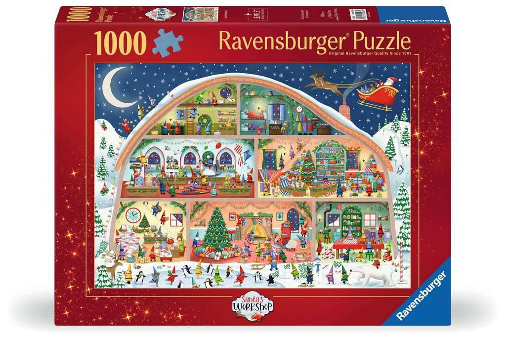 Ravensburger 1000-teiliges Puzzle mit einer bunten Darstellung von Weihnachtsmanns Werkstatt im Querschnitt mit Elfen, Geschenken, Spielzeugen und einer mondbeglänzten verschneiten Winterlandschaft.
