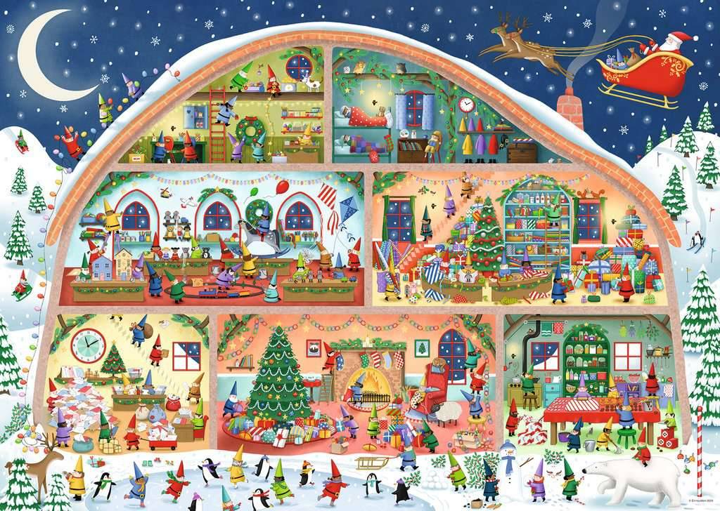 Illustrierter Querschnitt eines festlichen Weihnachtshauses voller Zimmer mit geschmückten Bäumen, Geschenken, Elfen und Weihnachtsaktivitäten, mit dem Weihnachtsschlitten des Weihnachtsmanns über dem Haus draußen im Schnee.