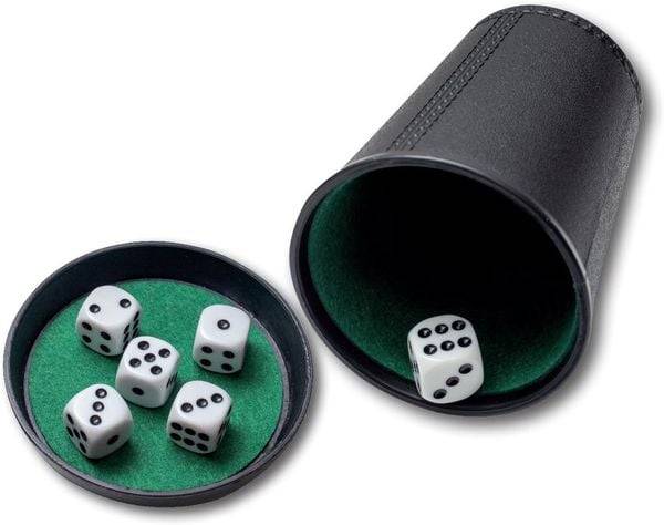 Noris 606152776 - Würfelbecher Set mit 6 Würfeln, Kunststoff-Würfelbecher mit Filzeinlage