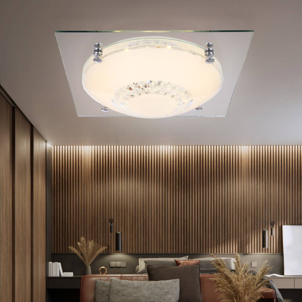 Deckenlampe Deckenleuchte Wohnzimmerlampe Schlafzimmerleuchte Flurlampe, Glaskristalle klar Chrom Spiegelglas, LED 12W 960Lm neutralweiß, LxBxH