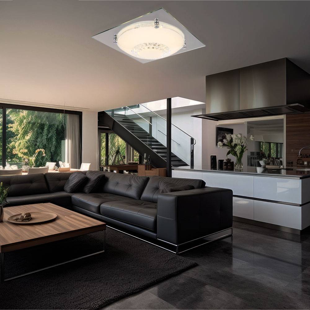 Deckenlampe Deckenleuchte Wohnzimmerlampe Schlafzimmerleuchte Flurlampe, Glaskristalle klar Chrom Spiegelglas, LED 12W 960Lm neutralweiß, LxBxH