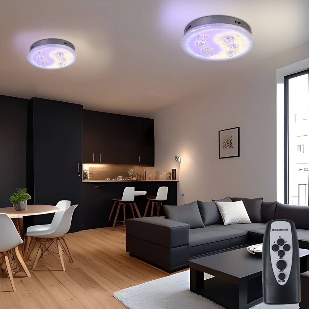 Deckenlampe Deckenleuchte Wohnzimmerlampe Esszimmerleuchte, Fernbedienung Farben fixierbar Stufenschalter, Chrom Kugeln, G4 Fassungen, DxH 43x12cm