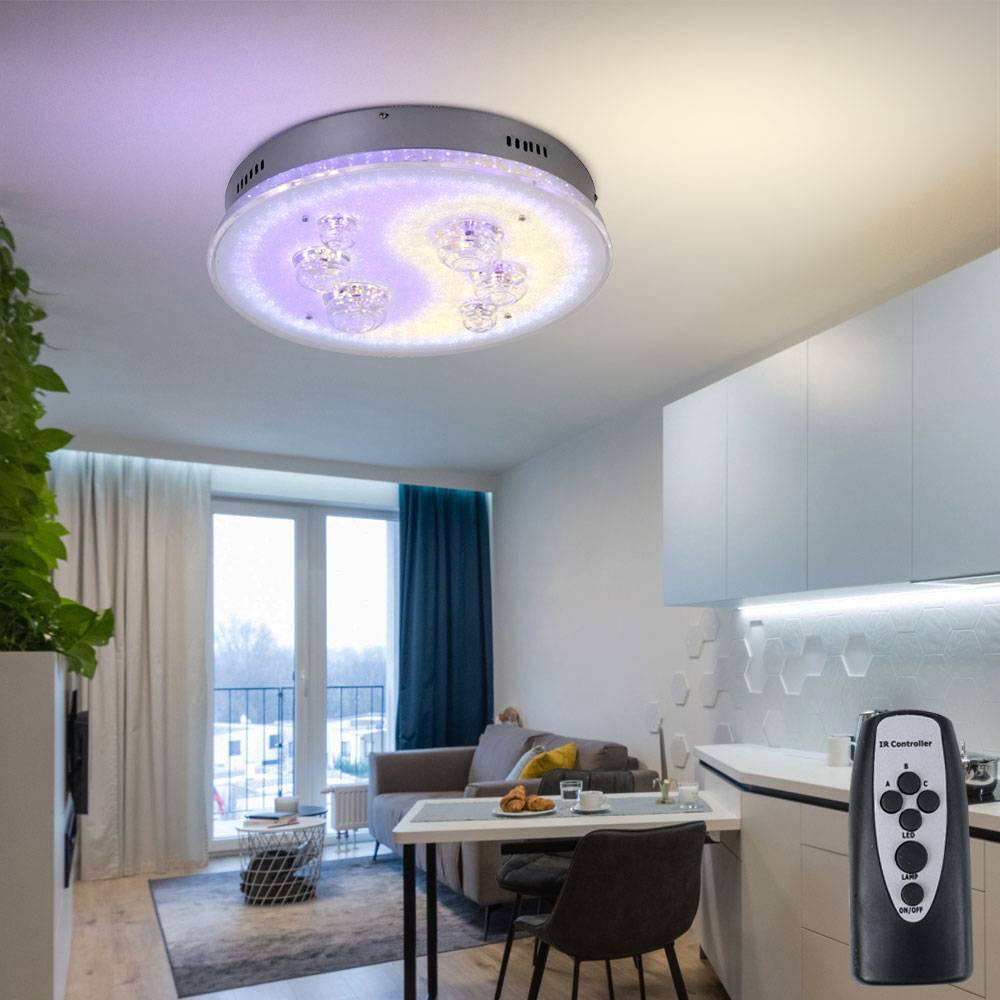 Deckenlampe Deckenleuchte Wohnzimmerlampe Esszimmerleuchte, Fernbedienung Farben fixierbar Stufenschalter, Chrom Kugeln, G4 Fassungen, DxH 43x12cm