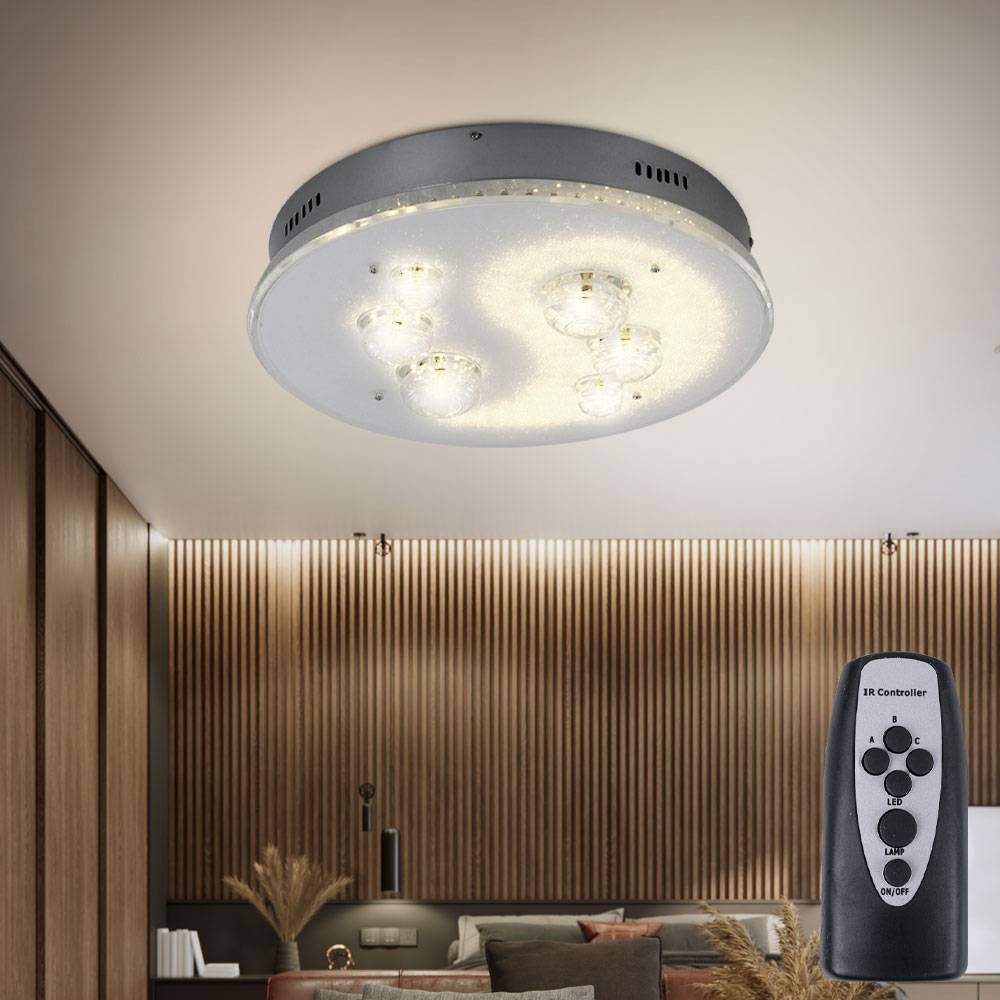 Deckenlampe Deckenleuchte Wohnzimmerlampe Esszimmerleuchte, Fernbedienung Farben fixierbar Stufenschalter, Chrom Kugeln, G4 Fassungen, DxH 43x12cm