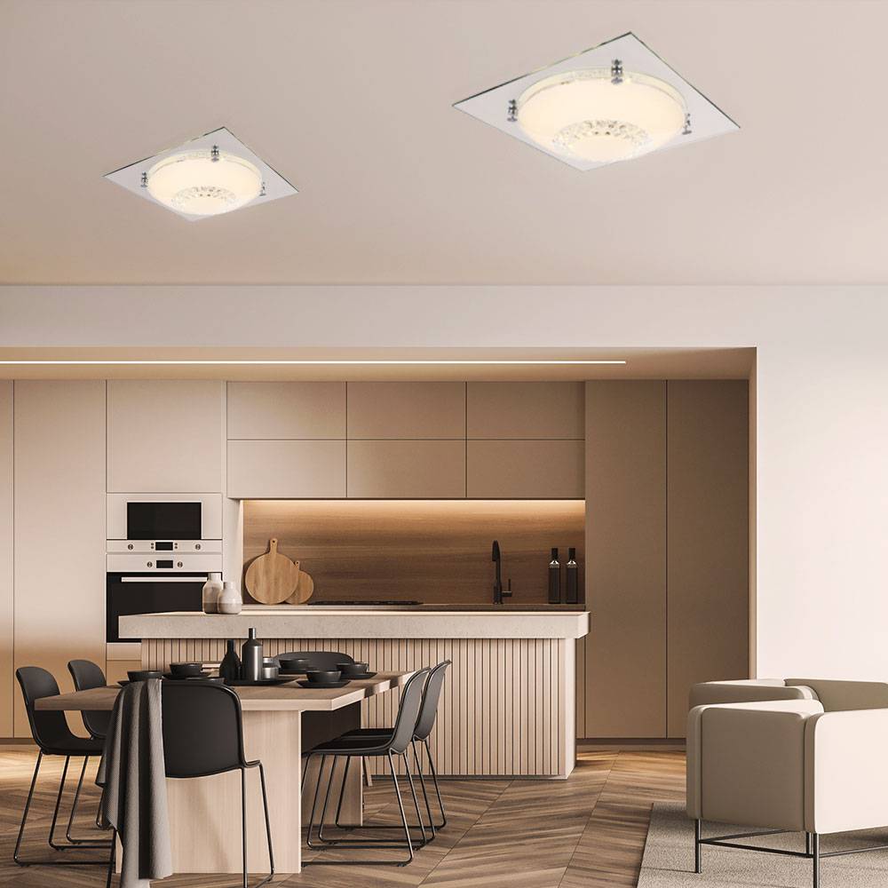 Deckenlampe Deckenleuchte Wohnzimmerlampe Schlafzimmerleuchte Flurlampe, Glaskristalle klar Chrom Spiegelglas, LED 12W 960Lm neutralweiß, LxBxH