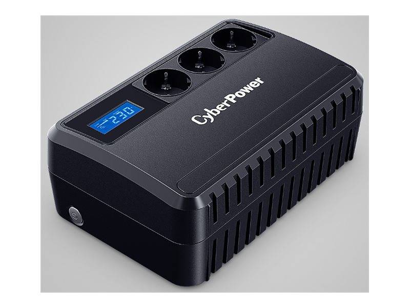 Ein schwarzes CyberPower Unterbrechungsfreies Netzteil (USV) mit drei Steckdosen und einem digitalen LCD-Display, das Statusinformationen anzeigt.
