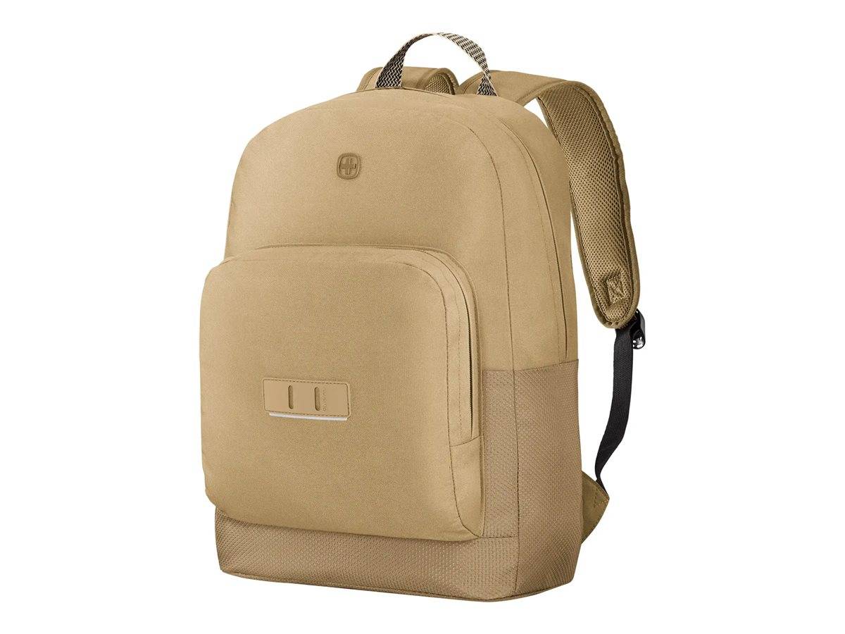 Brauner Rucksack mit einer vorderen Reißverschlusstasche, Griff oben und gepolsterten Schultergurten, gezeigt auf weißem Hintergrund.