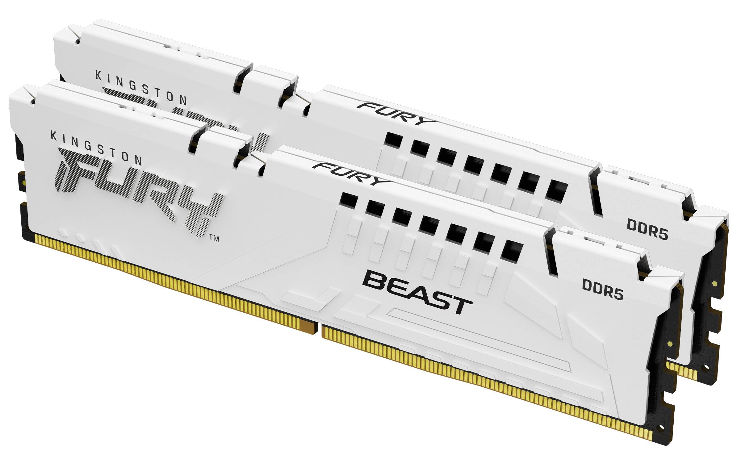 Zwei weiße Kingston Fury Beast DDR5-RAM-Sticks im Winkel auf weißem Hintergrund gezeigt, mit schwarzem Text und goldenen Steckverbindern.