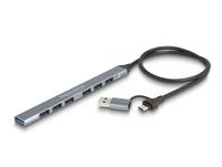 USB-C-Hub mit mehreren USB-A-Anschlüssen und angeschlossenem Kabel auf weißem Hintergrund.