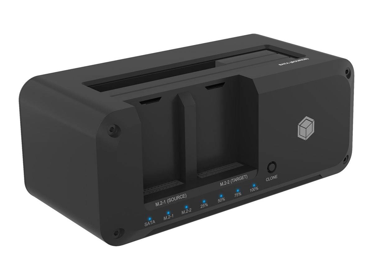 Schwarzes Dual-Bay-M.2-SSD-Klondock mit vorderen Anzeige-LEDs und Quellen-/Zielsteckplätzen