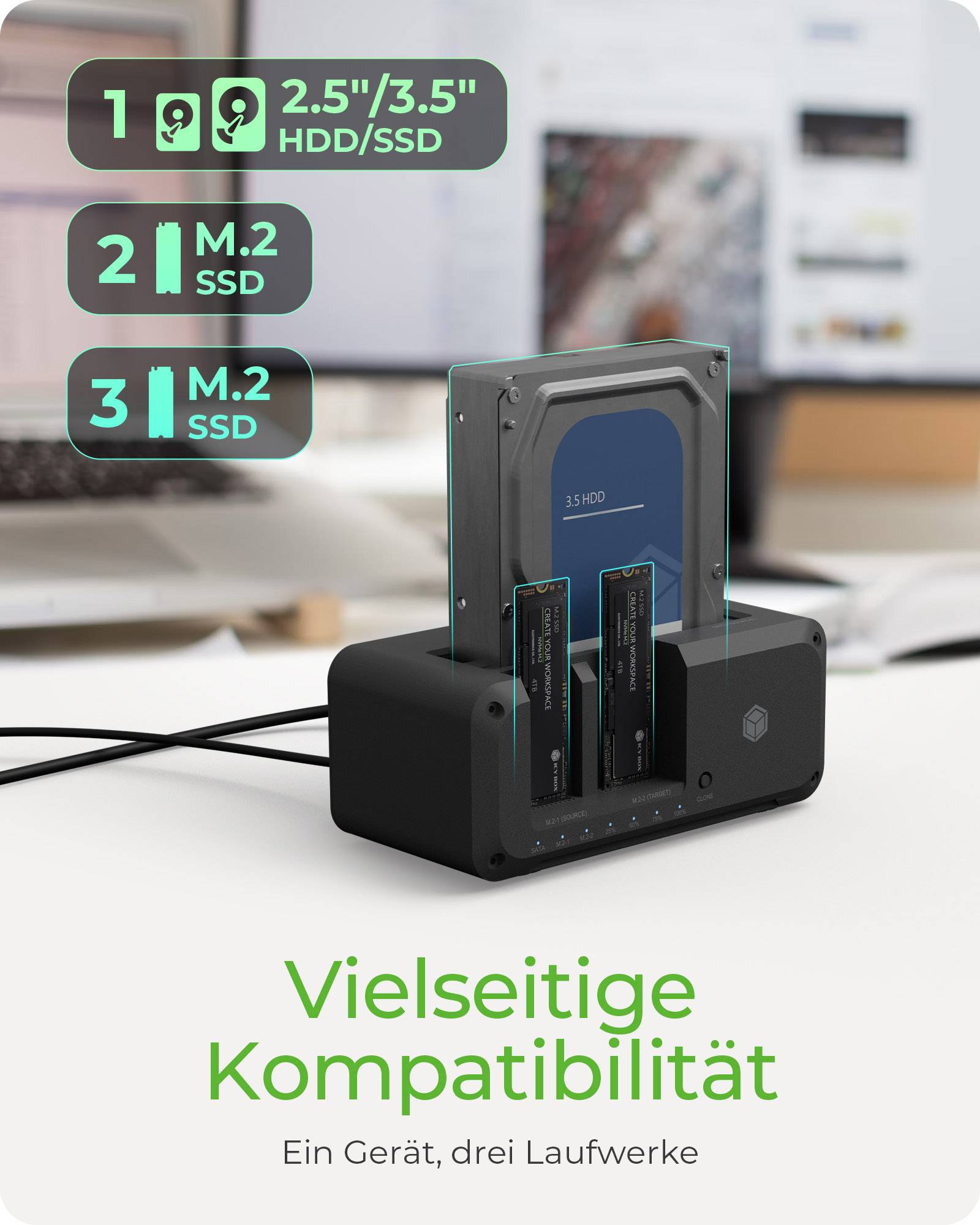 Produktbild eines Dual-Bay-Docks, das 1 2,5/3,5-Zoll-HDD/SSD und 2 M.2-SSDs unterstützt, mit deutschem Text „Vielseitige Kompatibilität