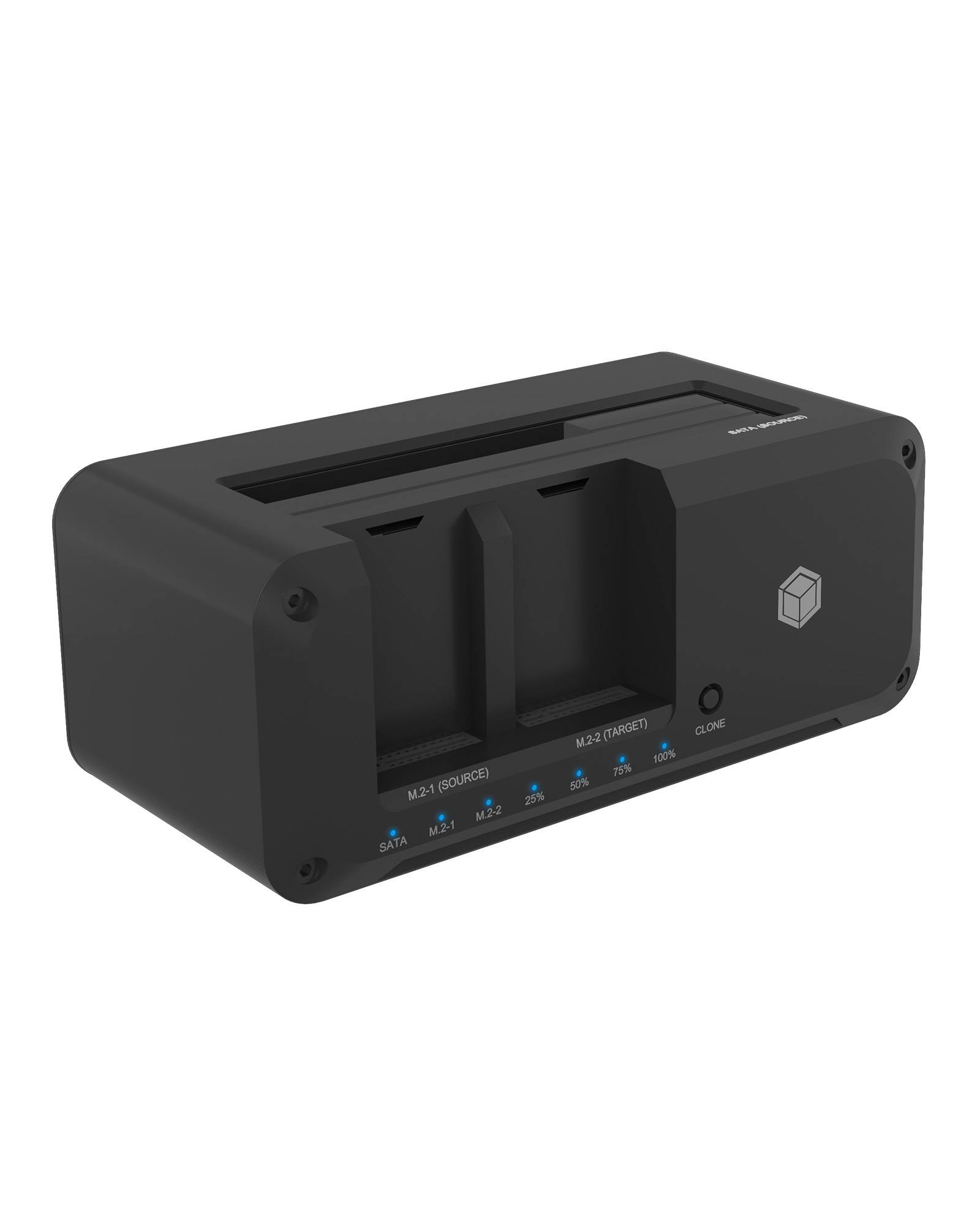 Schwarze Dual-Bay-Ladegerätdockingstation mit Anzeigelichtern und USB-C-Anschluss auf weißem Hintergrund.