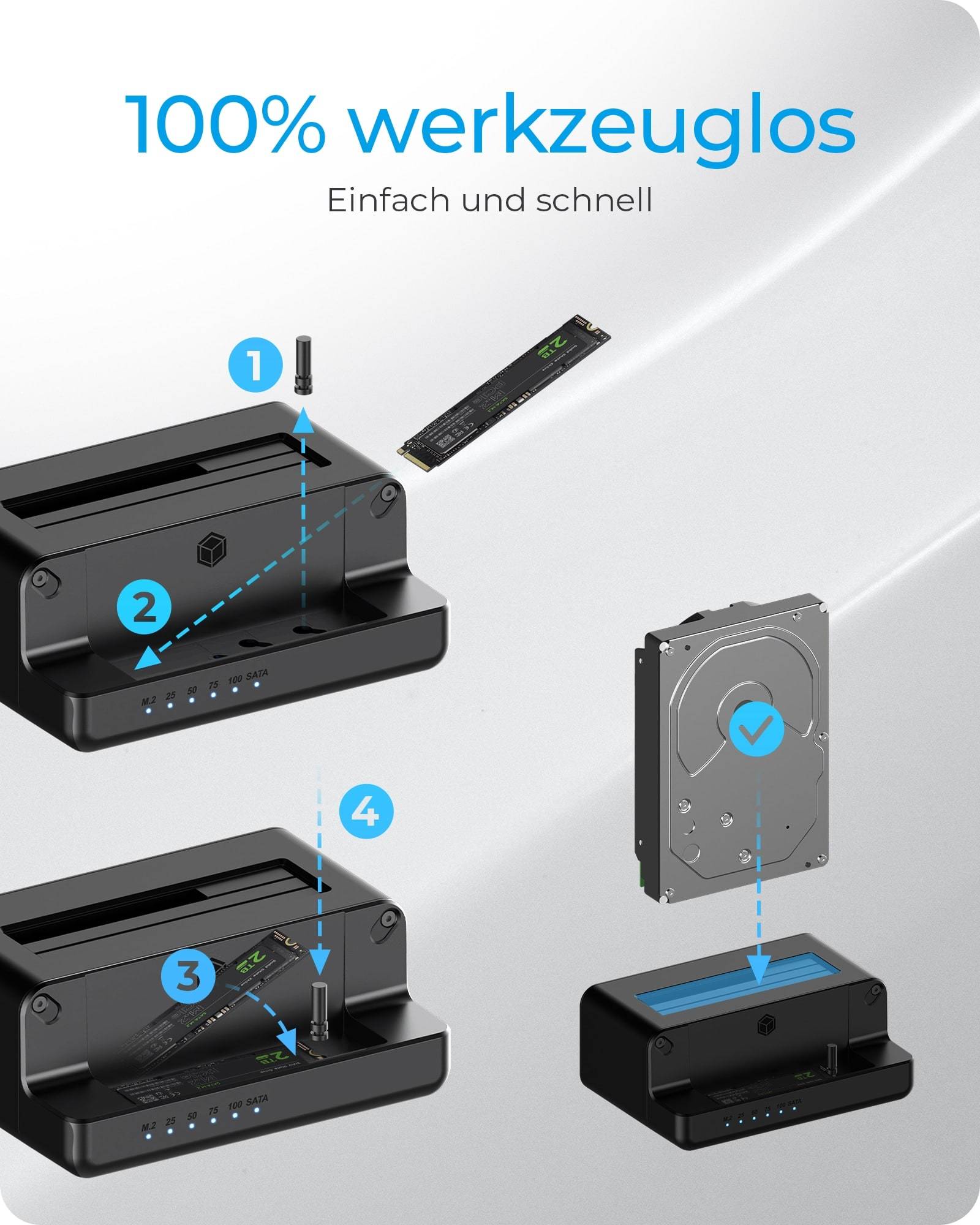 ICY BOX IB-2924MSCL-C31 - HDD / SSD Dockingstation - Klonfunktion Schächte: 3 - 2,5" / 3,5" gemeinsam genutzt, M.2 (6,4 cm/8,9 cm gemeinsam genutzt)