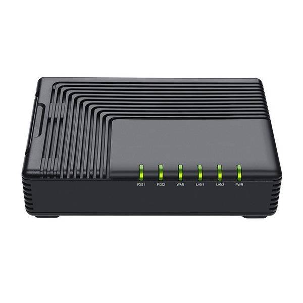 Ein schwarzer Internet-Router mit fünf grünen Anzeigelampen, beschriftet als 'PXS1', 'PXS2', 'WAN', 'LAN1', 'LAN2' und 'PWR'.
