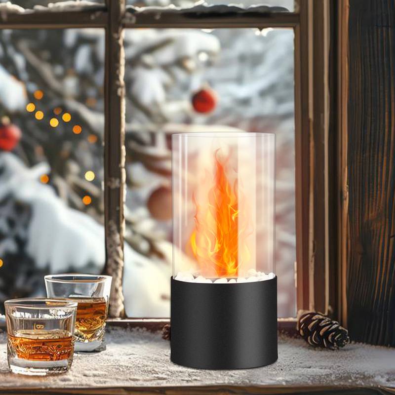 Tischkamin Bioethanol Dekokamine mit Edelstahl Sockel, Glas Tischfeuer Kamin D 11.5x H 26cm