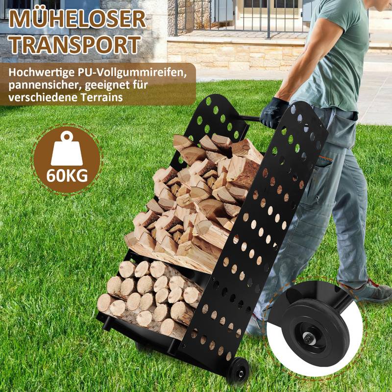 Kaminholzwagen Kaminholzregal 112x42x35cm 60kg Metall XL Kaminholzkorb mit Rollen Schwarz