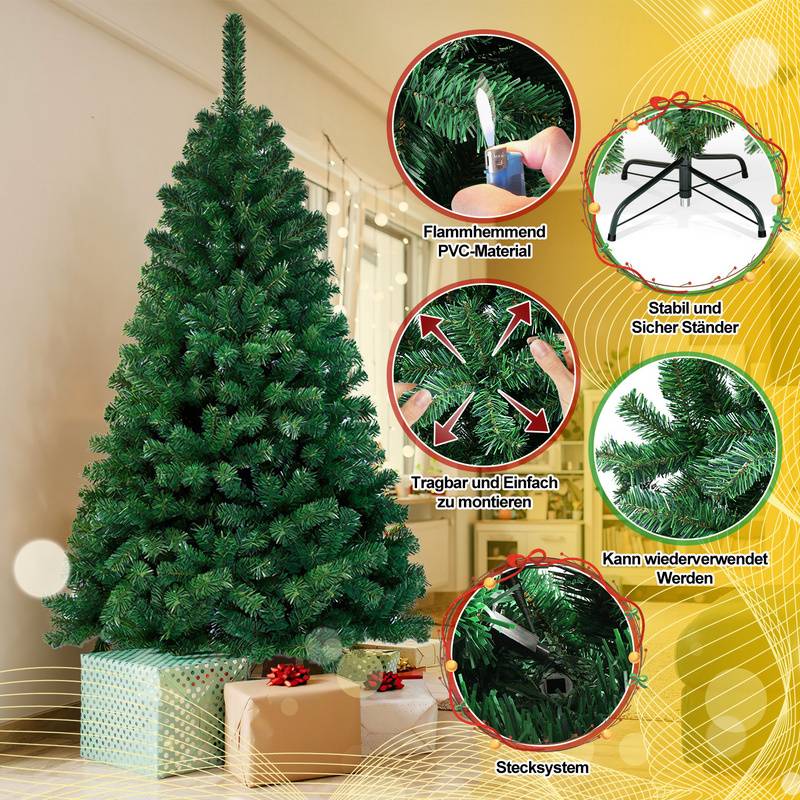 210cm Künstlicher Weihnachtsbaum, Tannenbaum mit Metallständer, Christbaum 900 Spitzen PVC Nadeln, Kunstbaum Weihnachten Klappsystem grün