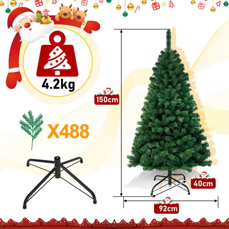 150cm Künstlicher Weihnachtsbaum, Tannenbaum mit Metallständer, Christbaum 488 Spitzen PVC Nadeln, Kunstbaum Weihnachten Klappsystem grün