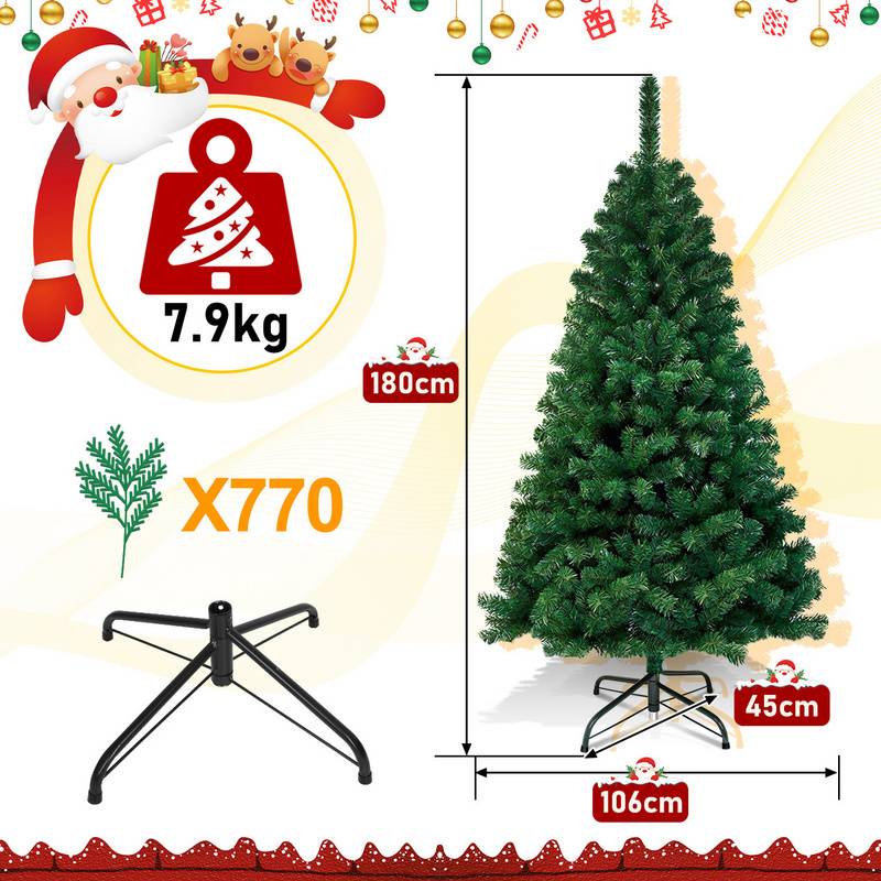 180cm Künstlicher Weihnachtsbaum, Tannenbaum mit Metallständer, Christbaum 770 Spitzen PVC Nadeln, Kunstbaum Weihnachten Klappsystem grün