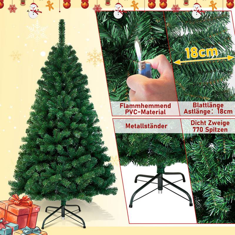 180cm Künstlicher Weihnachtsbaum, Tannenbaum mit Metallständer, Christbaum 770 Spitzen PVC Nadeln, Kunstbaum Weihnachten Klappsystem grün