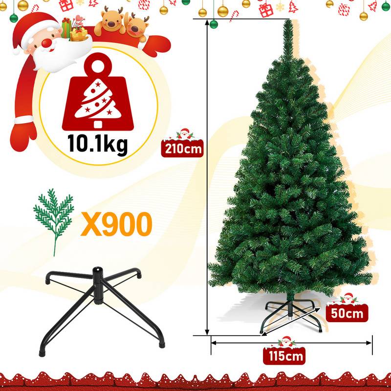 210cm Künstlicher Weihnachtsbaum, Tannenbaum mit Metallständer, Christbaum 900 Spitzen PVC Nadeln, Kunstbaum Weihnachten Klappsystem grün