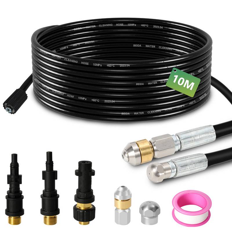 Rohrreinigungsschlauch Set 10M, mit Düsen starr + rotierend, 3 Adapter, für handelsübliche Hochdruckreiniger, universelles Rohrreinigungs Set