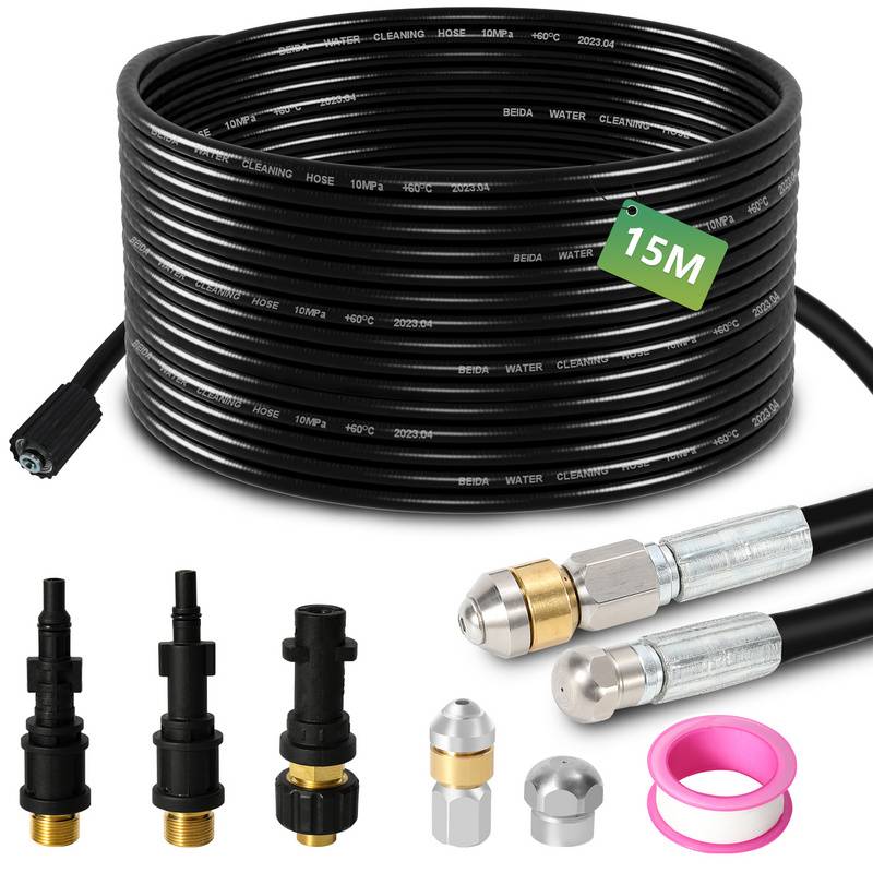 Rohrreinigungsschlauch Set 15M, mit Düsen starr + rotierend, 3 Adapter, für handelsübliche Hochdruckreiniger, universelles Rohrreinigungs Set