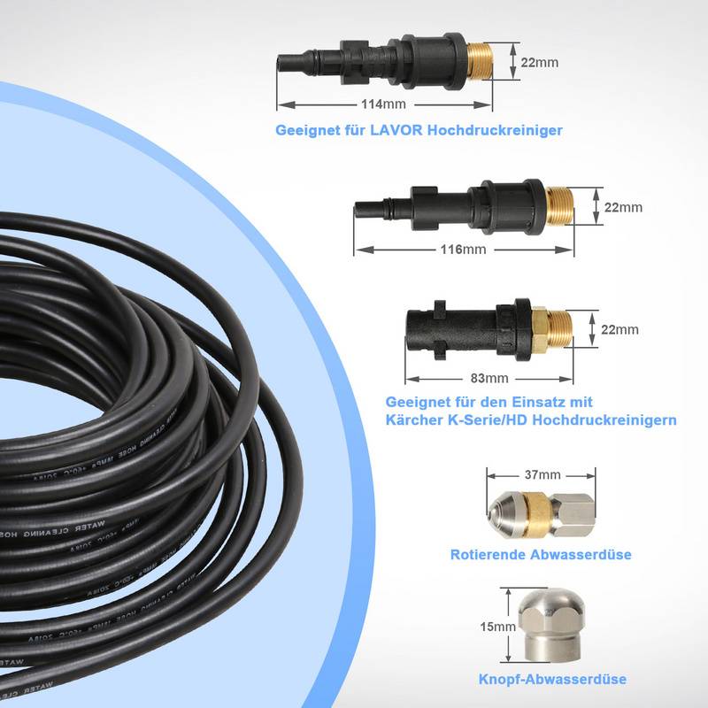 Rohrreinigungsschlauch Set 30M, mit Düsen starr + rotierend, 3 Adapter, für handelsübliche Hochdruckreiniger, universelles Rohrreinigungs Set