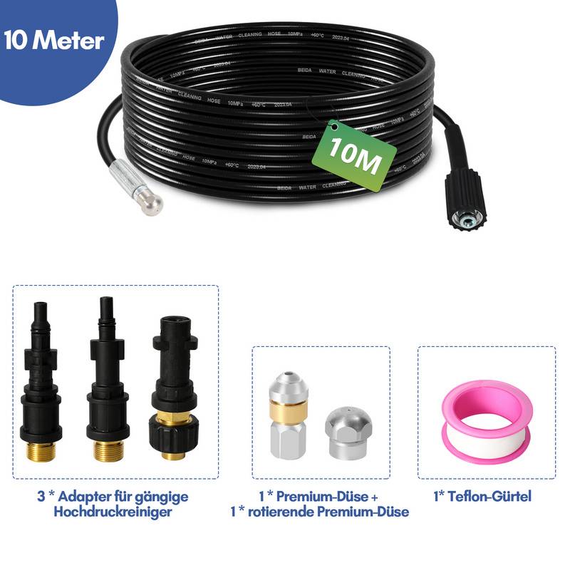 Rohrreinigungsschlauch Set 15M, mit Düsen starr + rotierend, 3 Adapter, für handelsübliche Hochdruckreiniger, universelles Rohrreinigungs Set