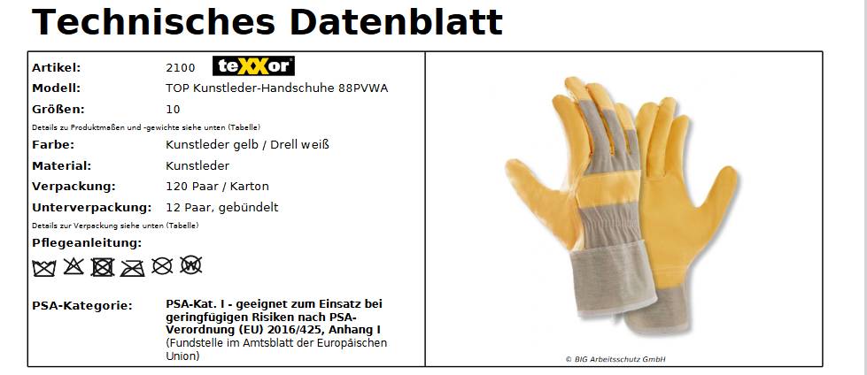 2100 texxor Kunstlederhandschuh PVWA-TOP 27cm lang gelb 12 Paar Gr 10