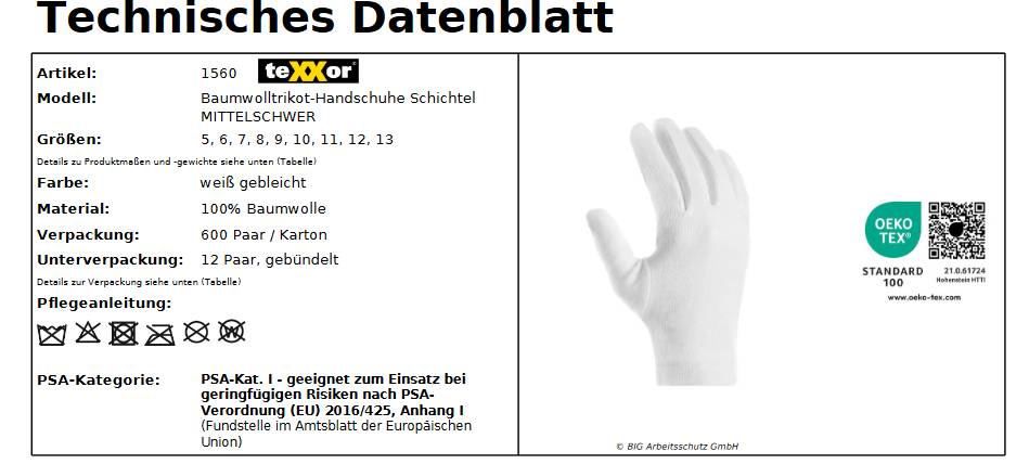 1560 texxor Baumwolltrikot-Handschuh mittelschwer Schichtel 12 Paar Gr 6