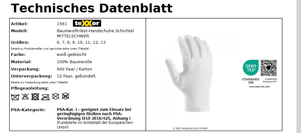 1561 texxor Baumwolltrikot-Handschuh mittelschwer Schichtel 600 Paar Gr 10
