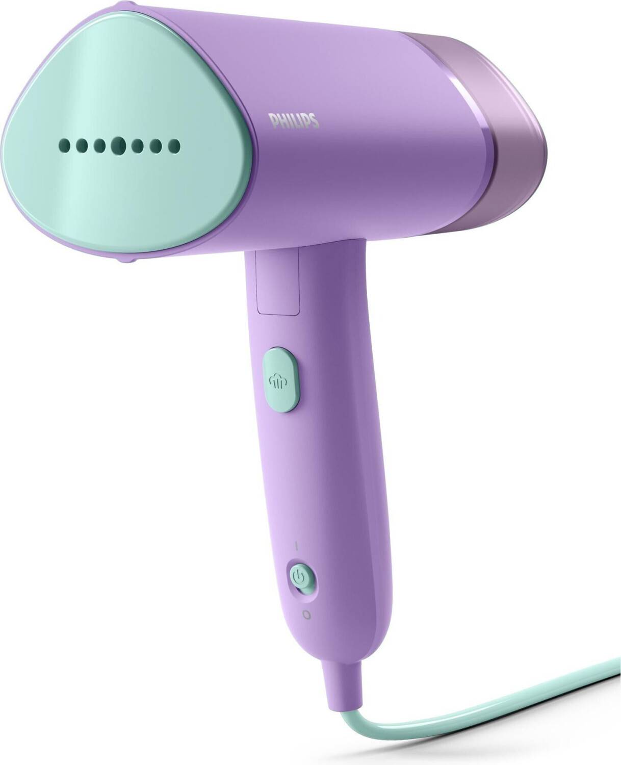Tragbarer Philips Dampfsteamer für Kleidung in Lila mit mintgrüner Front und Stromkabel, auf weißem Hintergrund dargestellt.