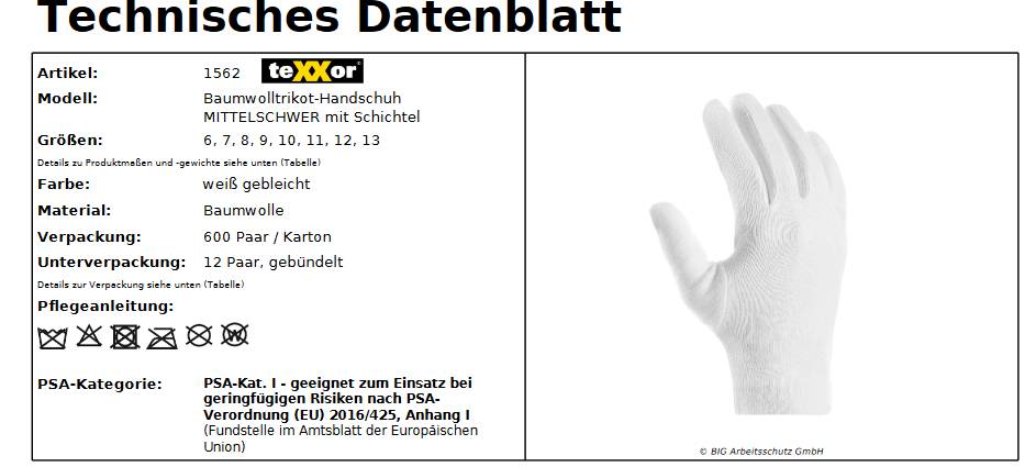 1562 texxor Baumwoll-Arbeitshandschuhe weiß mit Schichtel 600 Paar Gr 13