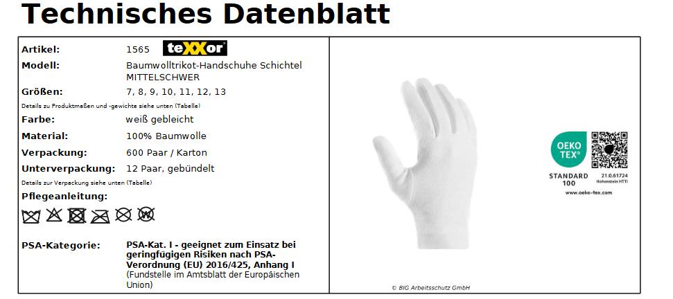 1565 texxor Baumwolltrikot-Handschuh schwer Schichtel weiß 12 Paar Gr 8