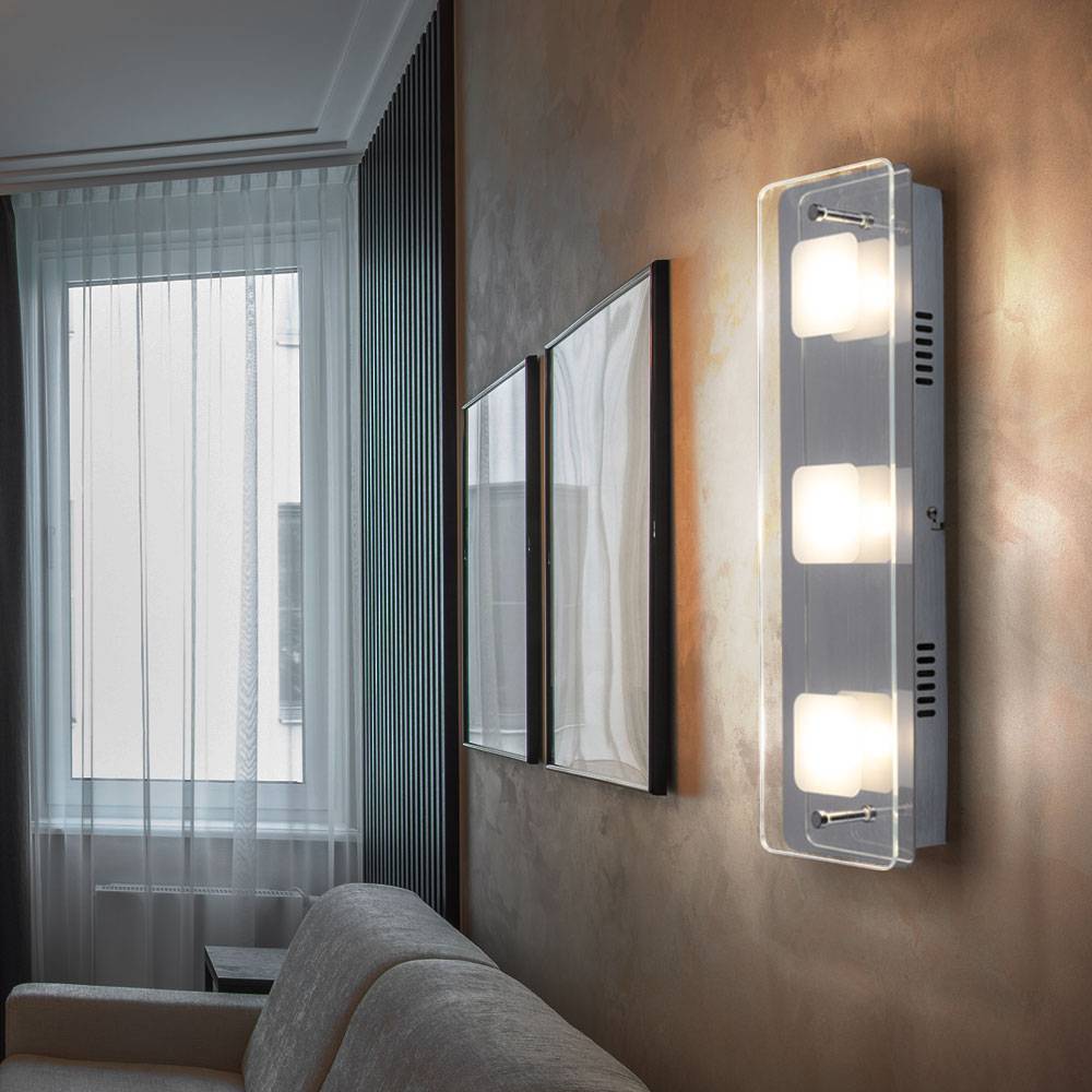 LED Wandleuchte Treppenhauslampe Flurleuchte Wandlampe 3 flammig Schlafzimmerlampe Wohnzimmerleuchte, Glas Chrom, 3x 5W, 3x 400lm warmweiß, BxH