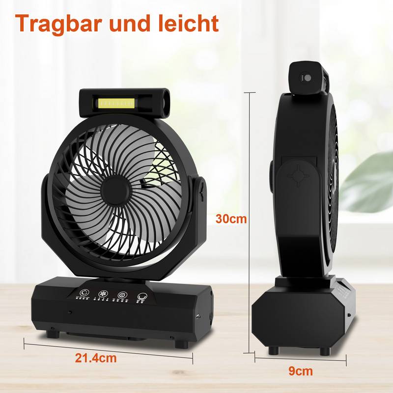 Tischventilator,Camping Ventilator, wiederaufladbar, 20000mAh Akku, 4 Geschwindigkeiten, mit Fernbedienung, LED Licht und Haken,für Outdoor
